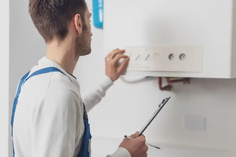 Professional plumber checking a boiler control panel