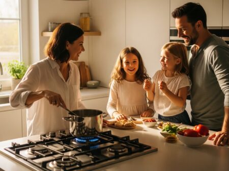 Family in kitchen cooking on gas hob that is safe